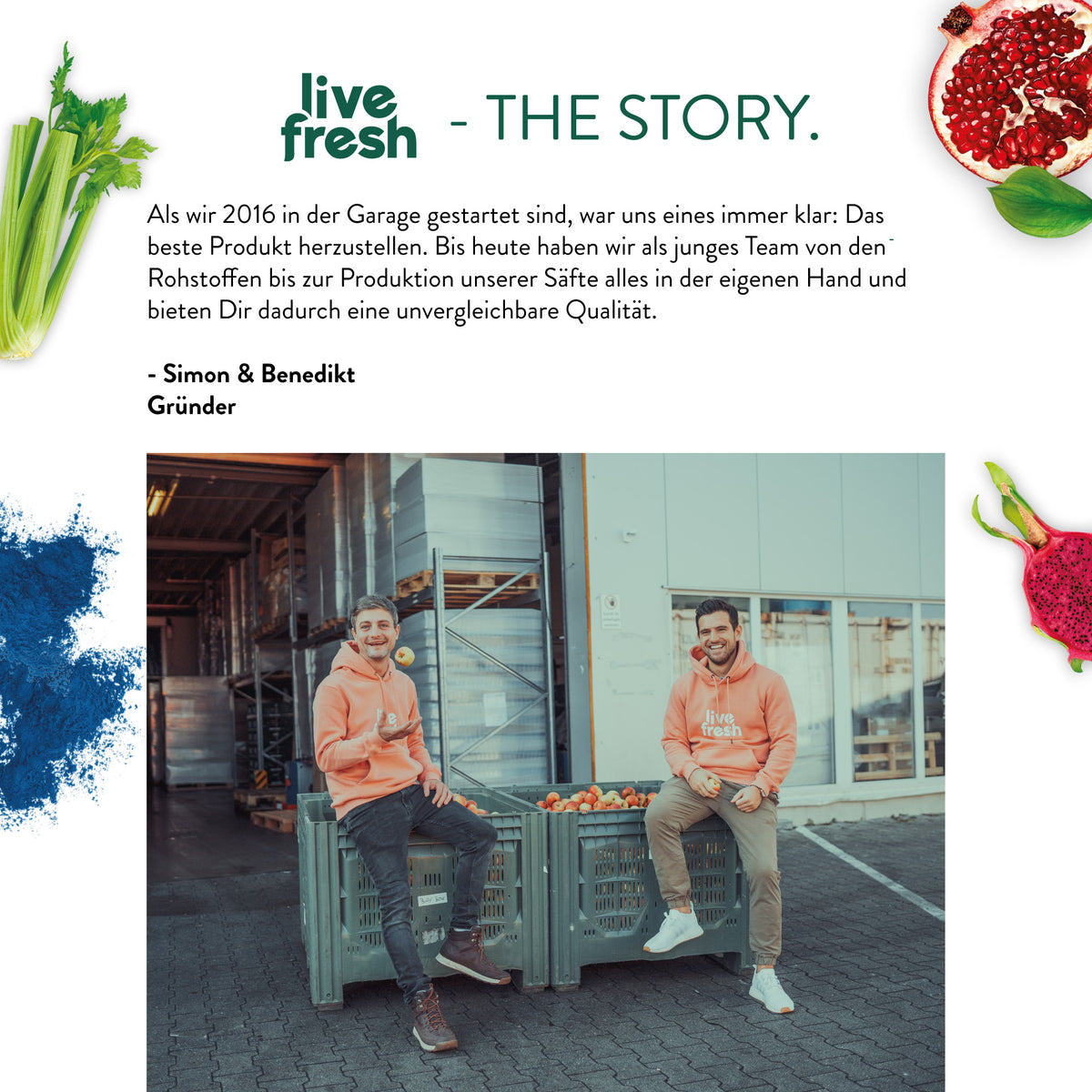 Zeigt die Geschichte von „Live Fresh“. Der Text beschreibt, wie das Unternehmen 2016 in einer Garage mit dem Ziel gegründet wurde, das beste Produkt herzustellen. Das Team kontrolliert den gesamten Prozess von den Rohstoffen bis zur Produktion der Säfte selbst, um unvergleichliche Qualität zu bieten. Unter dem Text sieht man die Gründer, Simon und Benedikt, die in orangen „Live Fresh“-Pullovern vor einer Kiste voller Äpfel sitzen und lächeln. Die Darstellung wird von frischen Zutaten eingerahmt.