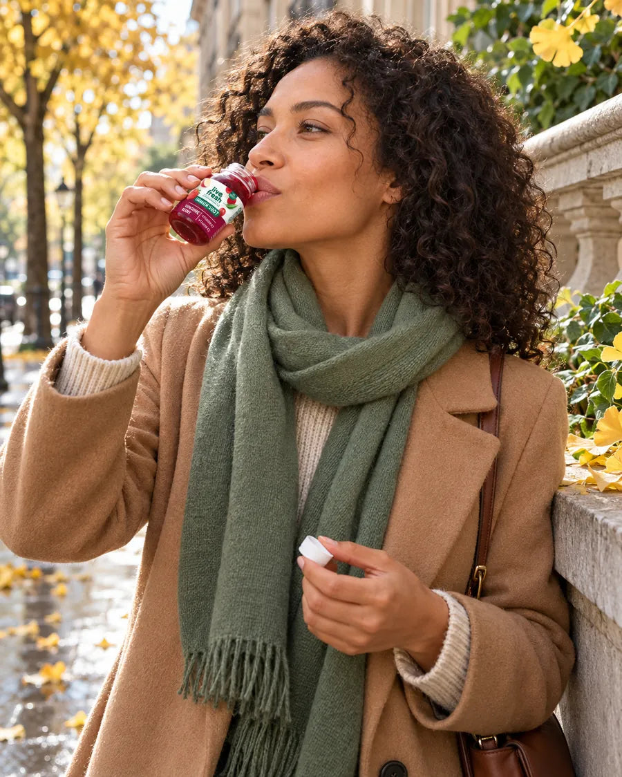 Frau mit Mantel und Schal trinkt in der herbstlichen Stadt einen Sunshine Berry Immun Shot