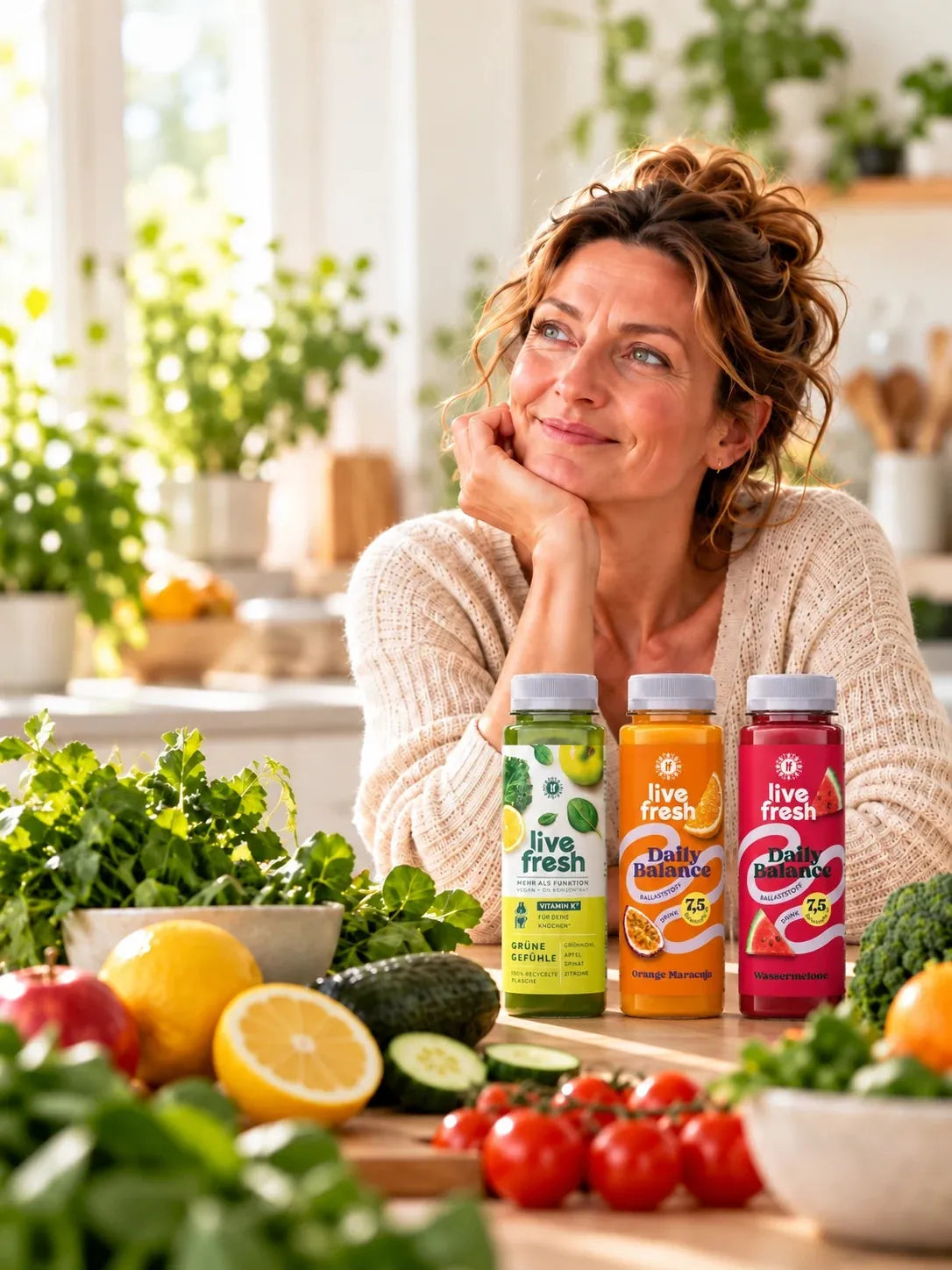 Frau sitzt entspannt in ihrer Küche, davor drei LiveFresh Säfte: Grüne Gefühle, Daily Balance Orange Maracuja und Wassermelone