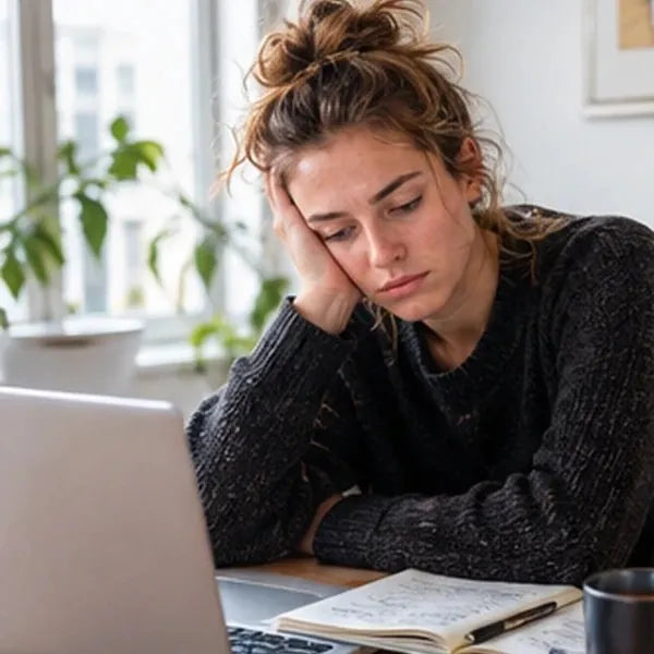 Müde Frau am Schreibtisch vor dem Laptop
